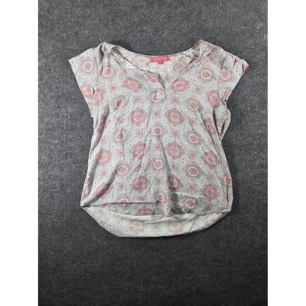 Rose & Thyme Womens Pink Grey Medallion Paisley Split Neck Blouse Top Size S